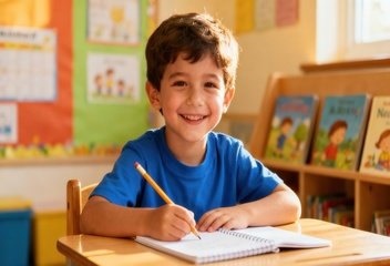 smiling elementary school aged student wearing a blue shirt doing schoolwork at a wooden desk inside a brightly lit classroom setting.